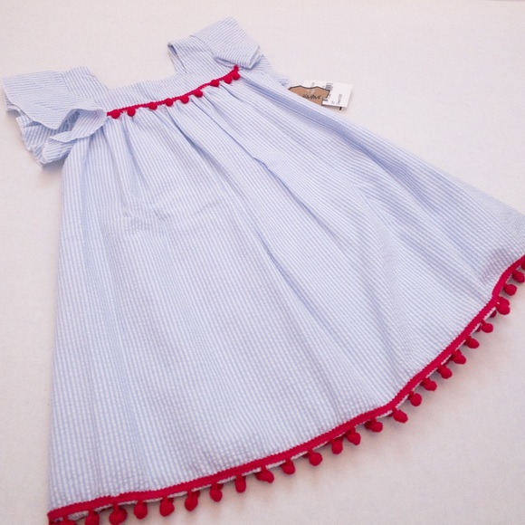 Seersucker & bright pink pom-pom trim dress (3T) - Picture 9 of 16